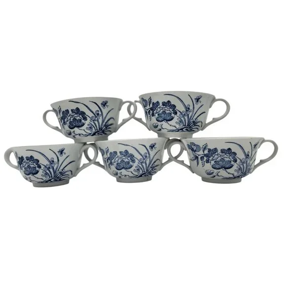 Antique Wedgwood Etruria Double-Handle Soup Cups – Blue Floral Transferware - Picture 1 of 6